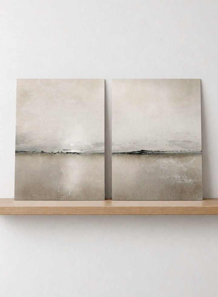 Shop Sunlight Bay by Dan Hobday, a set of 2 minimalist landscape wall art prints posters featuring a soft horizon, open water, and warm brown and cream tones.