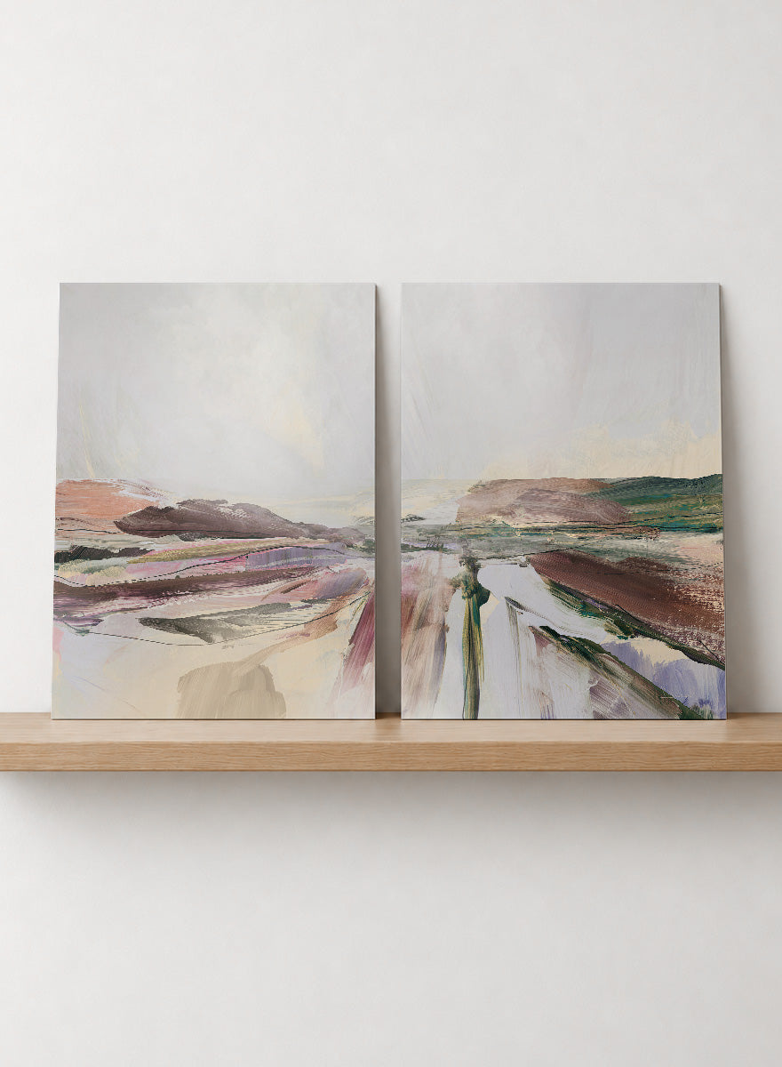 Shop Beauty by Dan Hobday, a set of 2 abstract landscape wall art prints posters featuring layered brushwork, open horizons, and soft brown and purple tones.