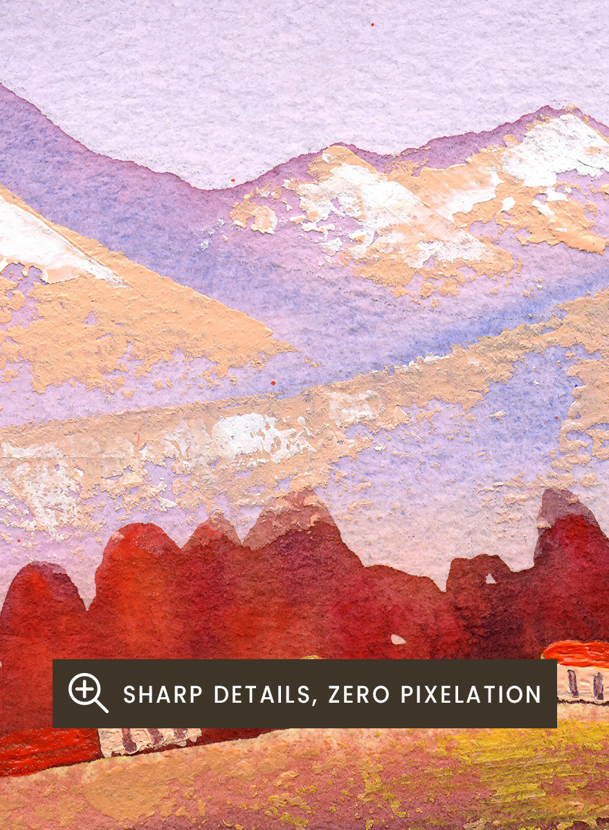 Two framed landscape art prints displayed side by side on a black shelf against a light beige wall. The left print shows a purple-toned valley with a crescent moon, pink flowers, and distant hills. Shop Moonlit Landscapes by Ekaterina Prisich, a set of 2 landscape wall art prints posters featuring moonlit mountains, winding paths, and purple tones.