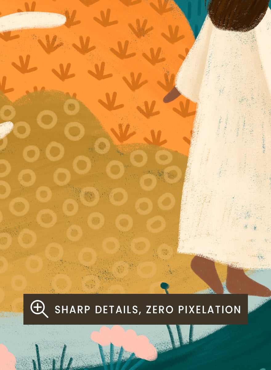 Shop Autumn Wanderings by Bea Müller, a set of 2 autumn wall art prints posters featuring women walking through colorful seasonal landscapes in green, orange and pink tones.