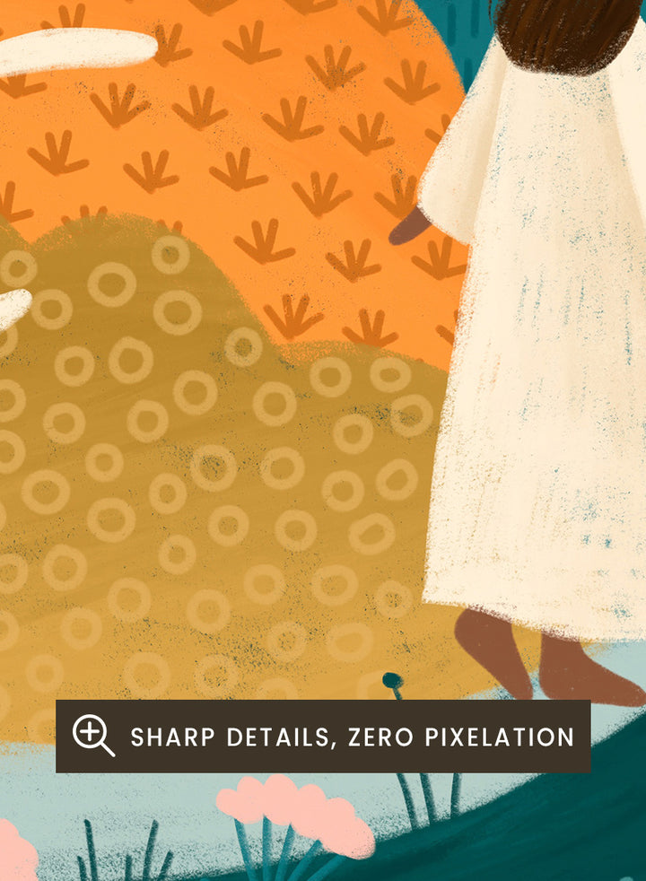 Shop Autumn Wanderings by Bea Müller, a set of 2 autumn wall art prints posters featuring women walking through colorful seasonal landscapes in green, orange and pink tones.