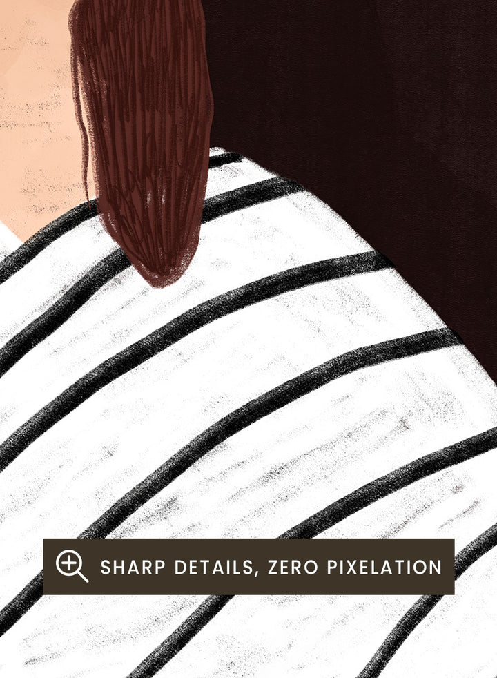 Shop In Her Own World by Bea Müller, a set of 2 figurative wall art prints posters featuring modern women, bold stripes, pink accents, and rich brown tones.