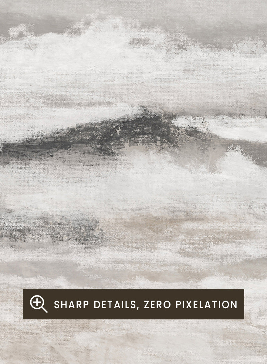 Shop September Coast by Dan Hobday, a set of 2 coastal wall art prints posters featuring rolling waves, dark rocks, misty skies, and soft neutral tones.