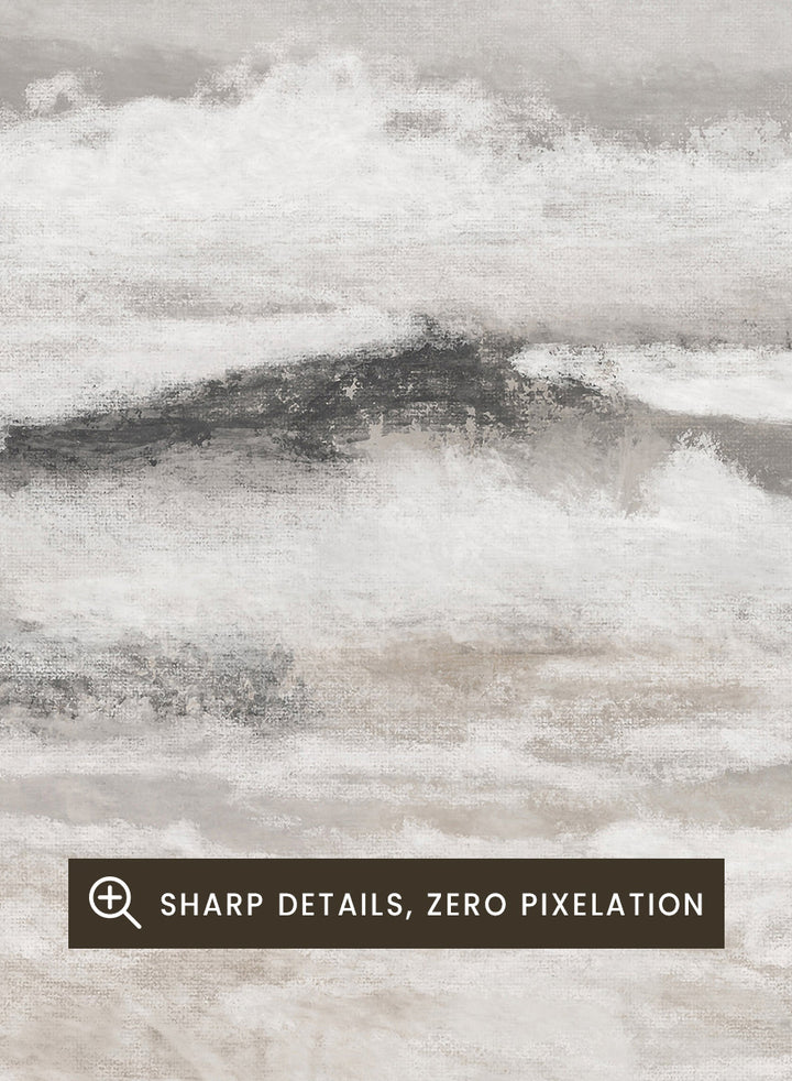 Shop September Coast by Dan Hobday, a set of 2 coastal wall art prints posters featuring rolling waves, dark rocks, misty skies, and soft neutral tones.