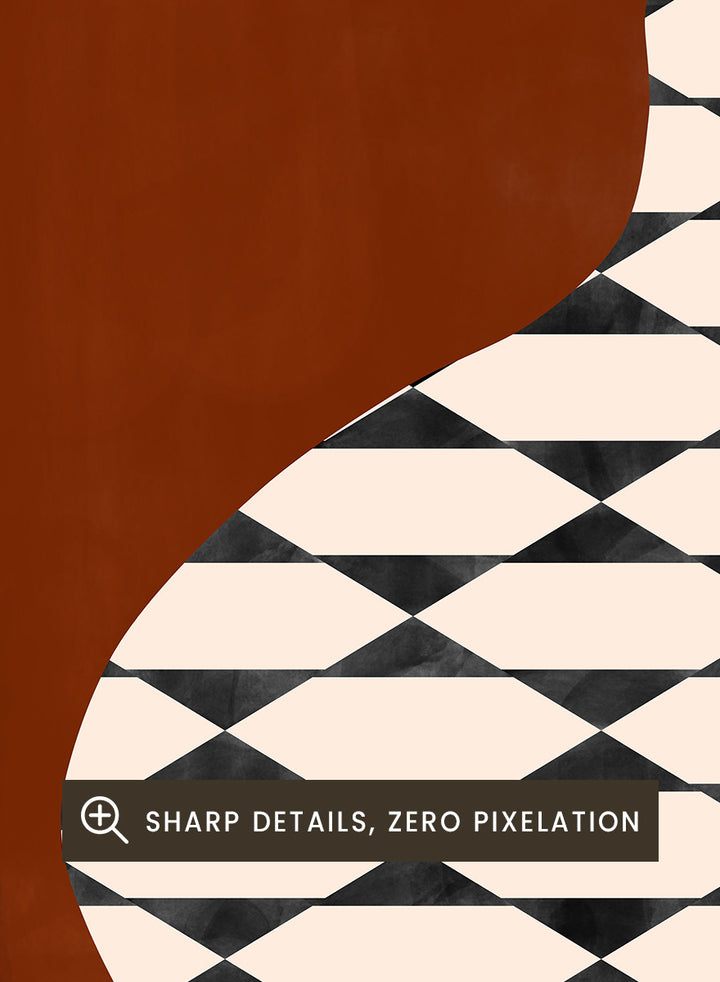 Shop Geometric Vase by Elena Ristova, a set of 2 modern wall art prints posters featuring bold patterned vases in orange, brown, black, and rich rust tones.