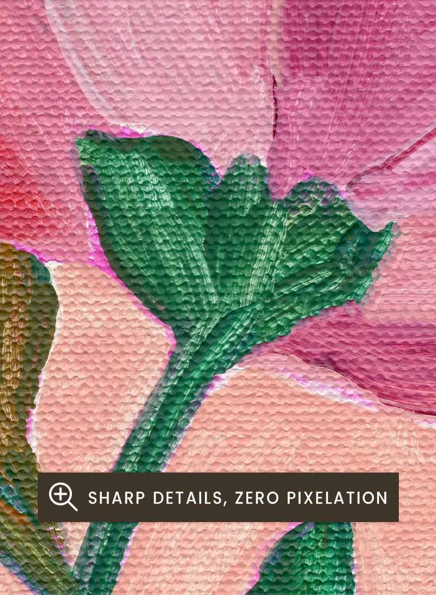 Two framed floral art prints with pink flowers and green leaves on a peach background. Shop Vibrant Pink Botanicals by Nikita Jariwala, a set of 2 floral wall art prints posters featuring oversized pink flowers and lush botanical artwork.