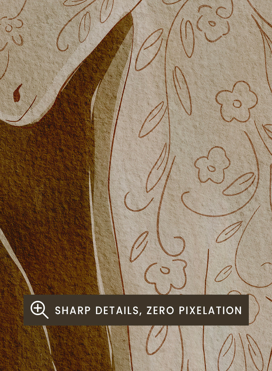 Two framed art prints depicting stylized horses in warm earthy tones. Shop Wildflower Horses by Nikita Jariwala, a set of 2 horse wall art prints posters featuring floral horse portraits, botanical details, and warm brown tones.
