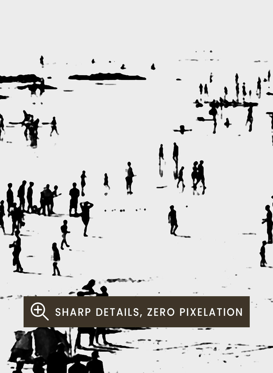 Shop Beach No.02 by Dan Hobday, a set of 2 black and white beach wall art prints posters featuring a panoramic shoreline filled with tiny figures.