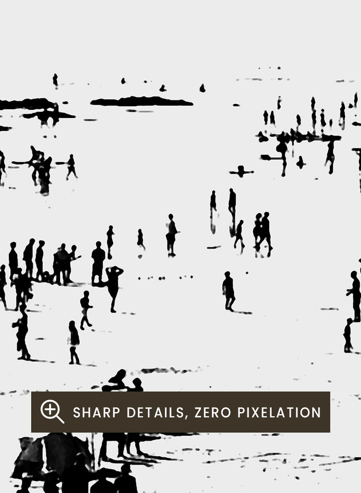 Shop Beach No.02 by Dan Hobday, a set of 2 black and white beach wall art prints posters featuring a panoramic shoreline filled with tiny figures.