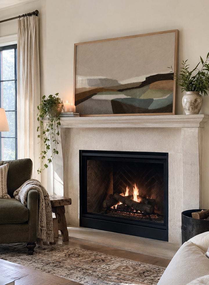 Shop Montego by Dan Hobday, a contemporary landscape art print featuring earthy brown, olive, taupe, gray, and muted blue with simplified layered forms.