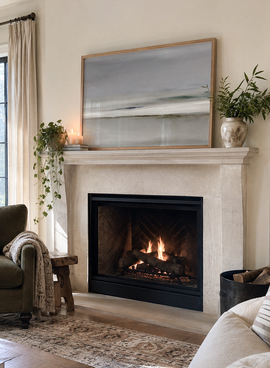 Shop Horizon by Dan Hobday, a soft abstract landscape art print featuring muted gray, green, and cream tones with layered horizontal brushwork.
