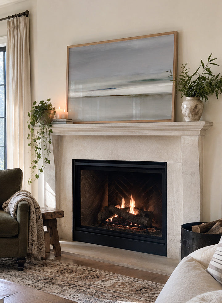 Shop Horizon by Dan Hobday, a soft abstract landscape art print featuring muted gray, green, and cream tones with layered horizontal brushwork.