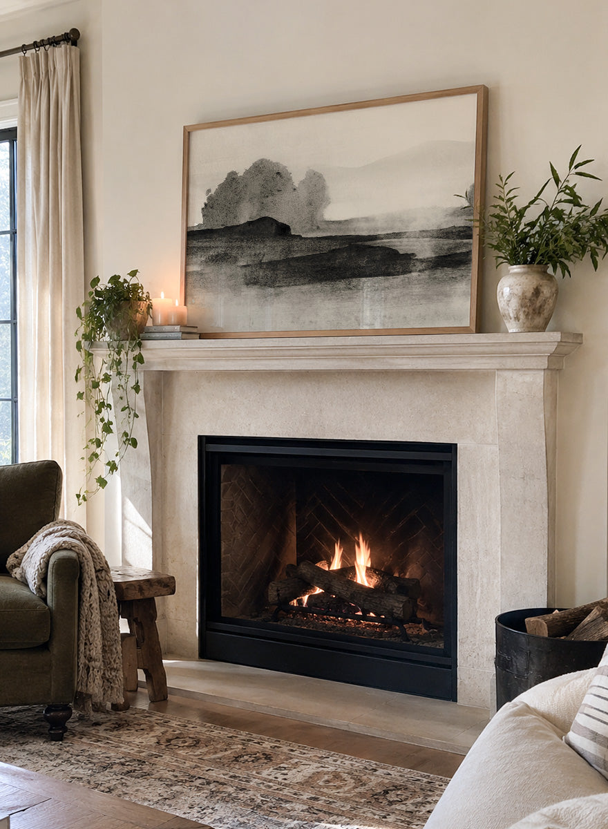 Shop Land No. 01 by Dan Hobday, a muted landscape art print featuring dark landforms, soft trees, distant hills, and layered neutral texture.