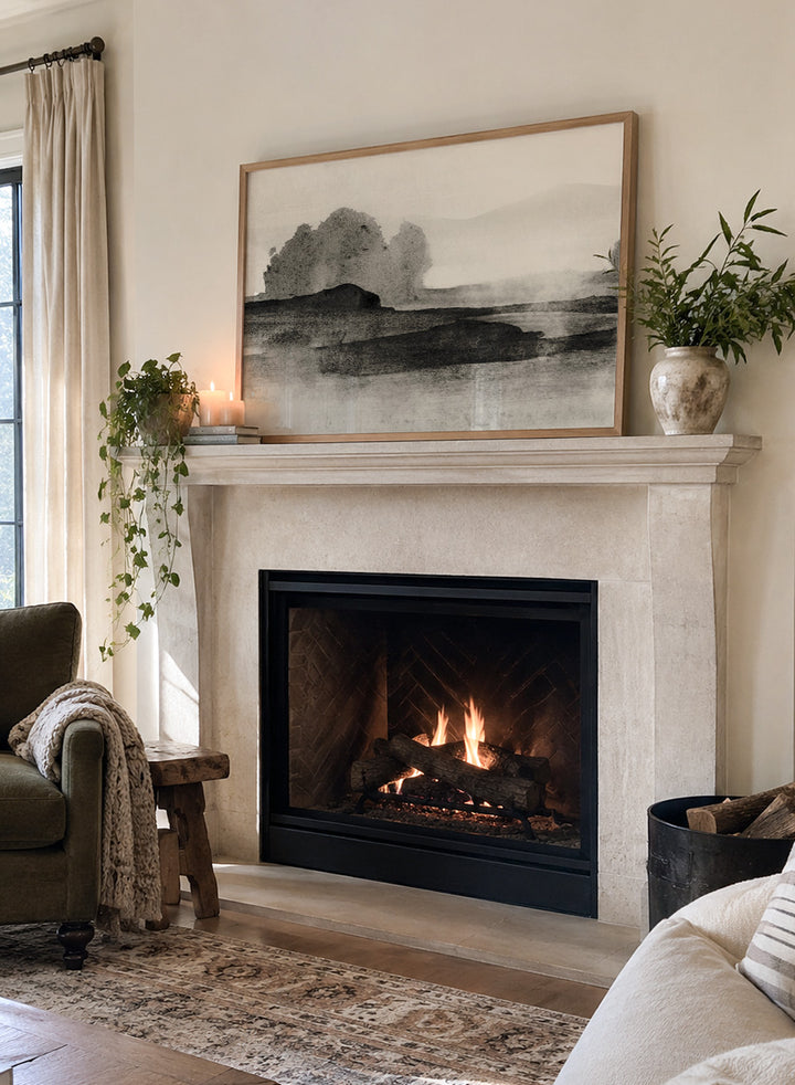 Shop Land No. 01 by Dan Hobday, a muted landscape art print featuring dark landforms, soft trees, distant hills, and layered neutral texture.
