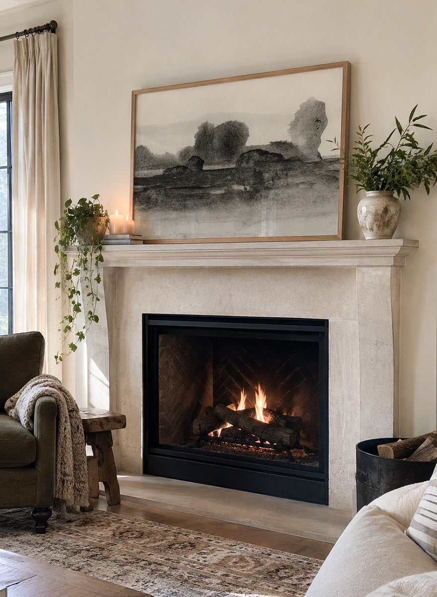 Shop Land No. 02 by Dan Hobday, a moody landscape art print featuring dark trees, layered fields, muted neutral tones, and soft atmospheric texture.