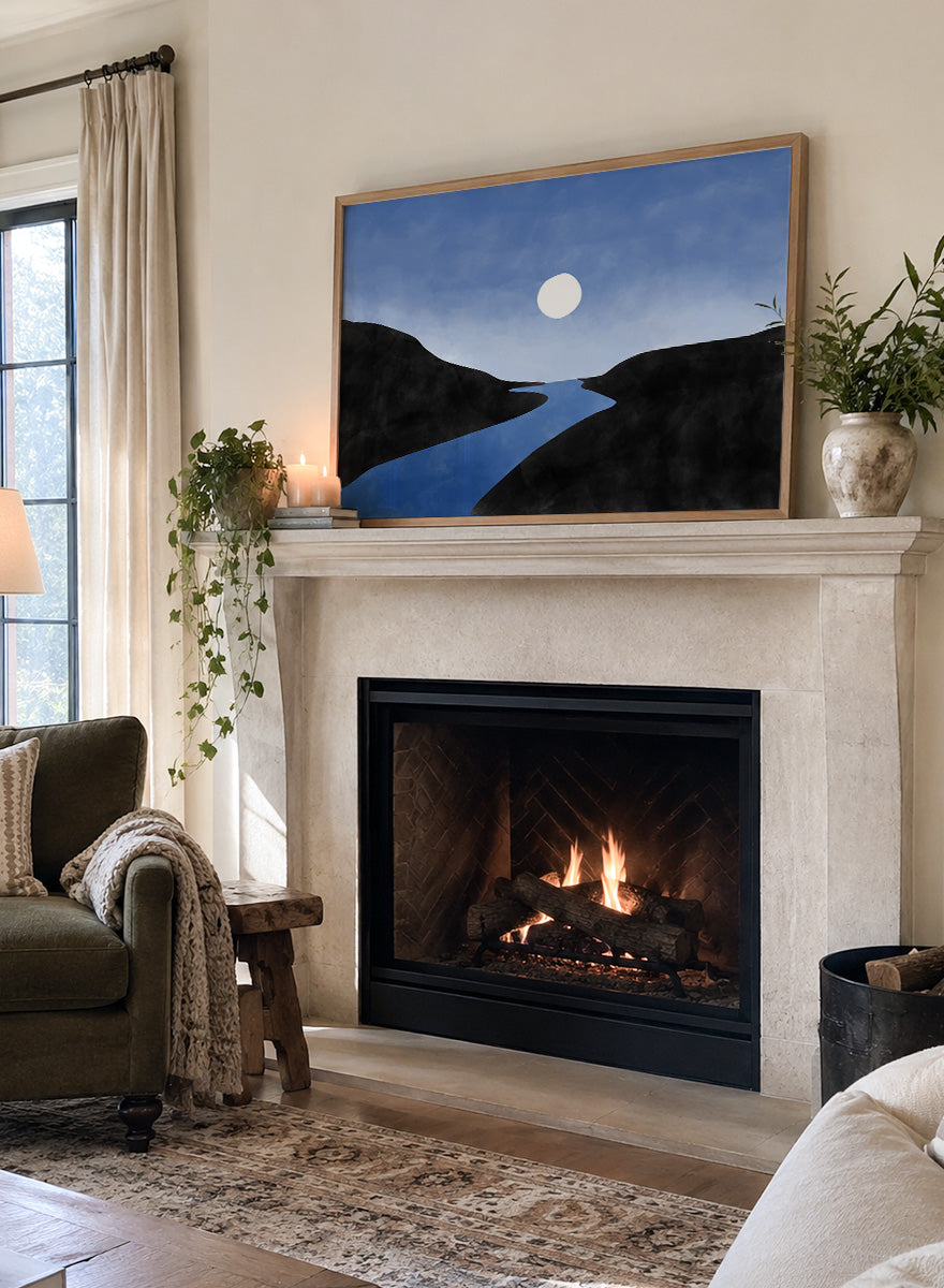 Shop Serene Moon River by Elena Ristova, a modern landscape wall art print poster featuring a winding blue river, dark hills, and a glowing white moon.