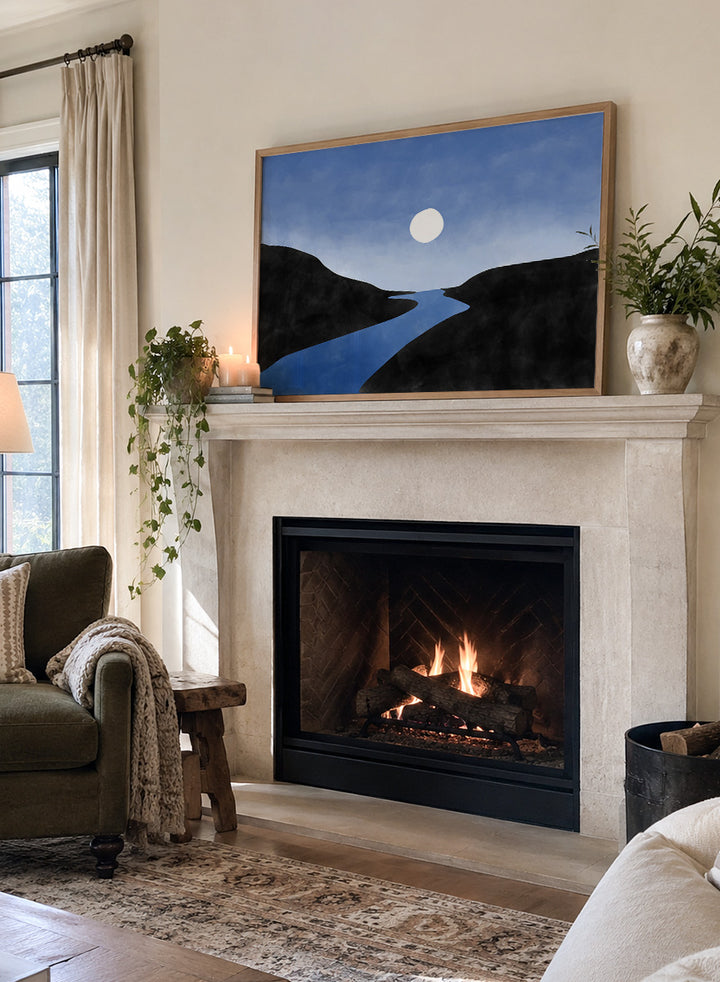 Shop Serene Moon River by Elena Ristova, a modern landscape wall art print poster featuring a winding blue river, dark hills, and a glowing white moon.