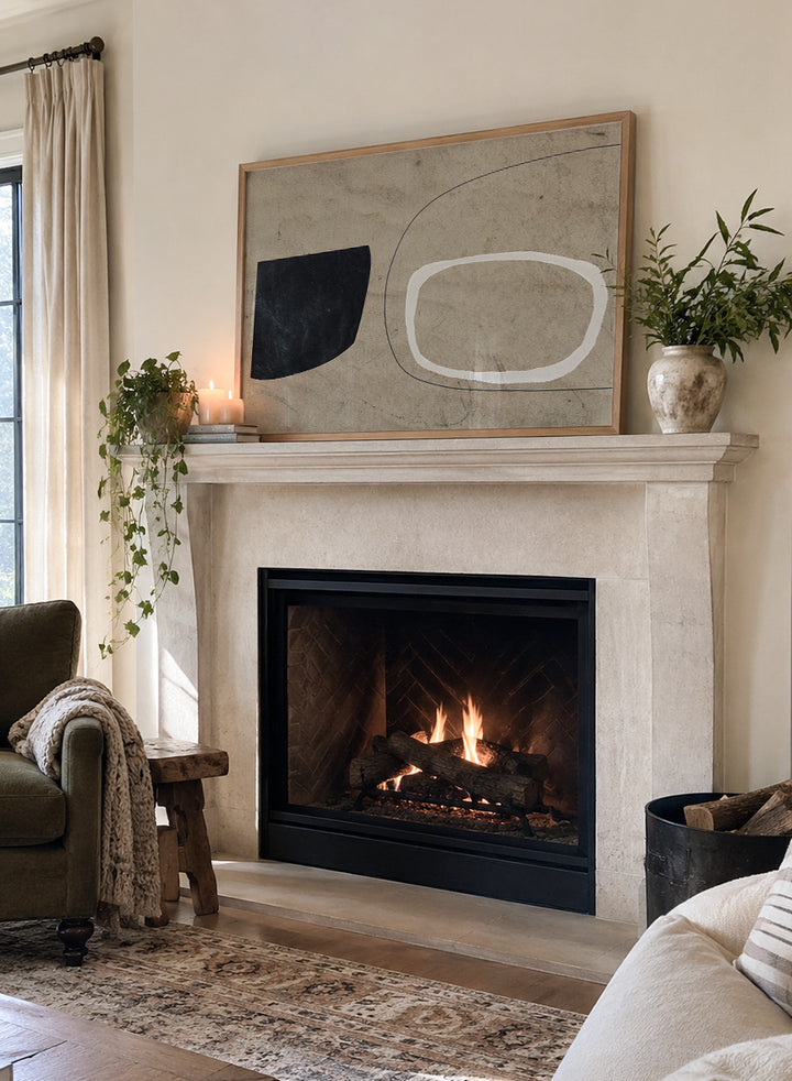 Shop Comfort by Dan Hobday, a contemporary abstract art print featuring bold black and white forms, curved linework, warm beige tones, and textured detail.