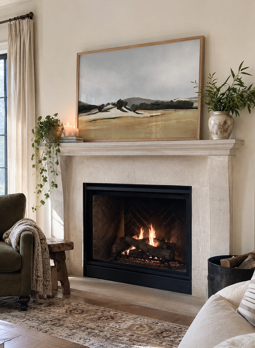 Shop Lazy Afternoon by Dan Hobday, a warm landscape art print featuring golden fields, dark trees, rolling hills, and soft late-summer tones.