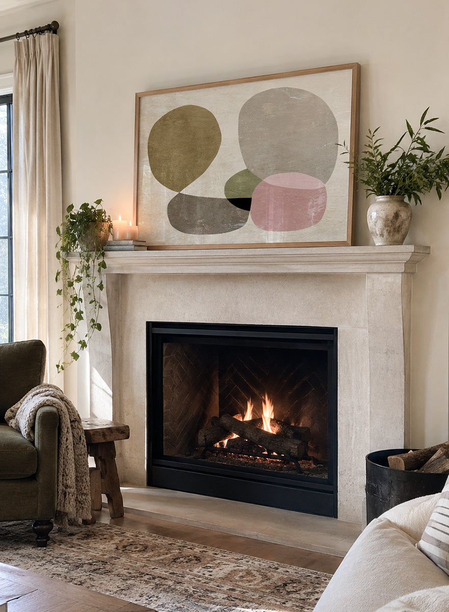 Shop Seven by Dan Hobday, a contemporary abstract art print featuring rounded geometric forms, muted olive, taupe, pink, and layered neutral texture.