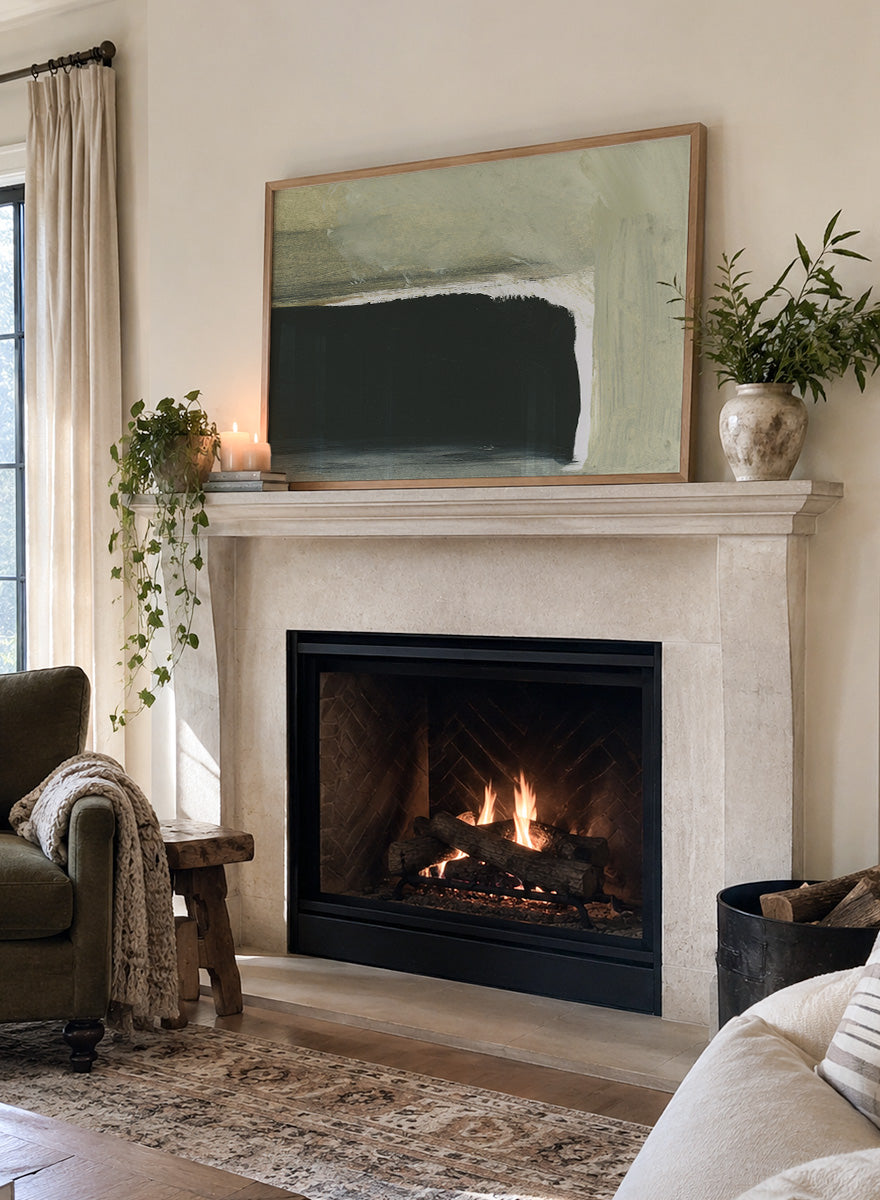 Shop Room by Dan Hobday, a contemporary abstract art print featuring charcoal black, sage green, cream, and muted olive with layered brush texture.