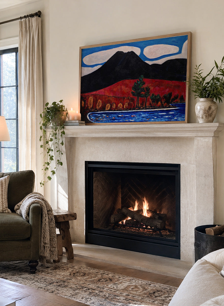 Shop Mt. Katahdin (Maine), Autumn by Marsden Hartley, a vintage American landscape wall art print poster featuring bold autumn hills and deep blue water.