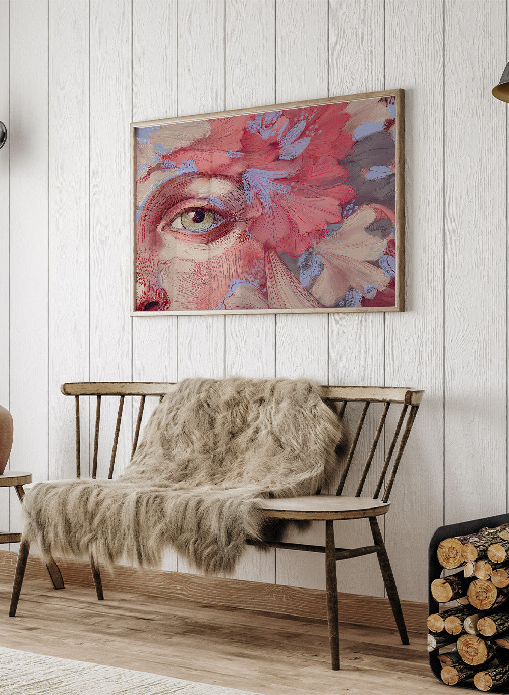 Artistic depiction of a face with flowers and an eye, using a color palette of reds, pinks, and browns. Floral Reverie No.01 by Treechild is a floral portrait illustration art print featuring expressive face detail, layered flowers, and contemporary wall art style.