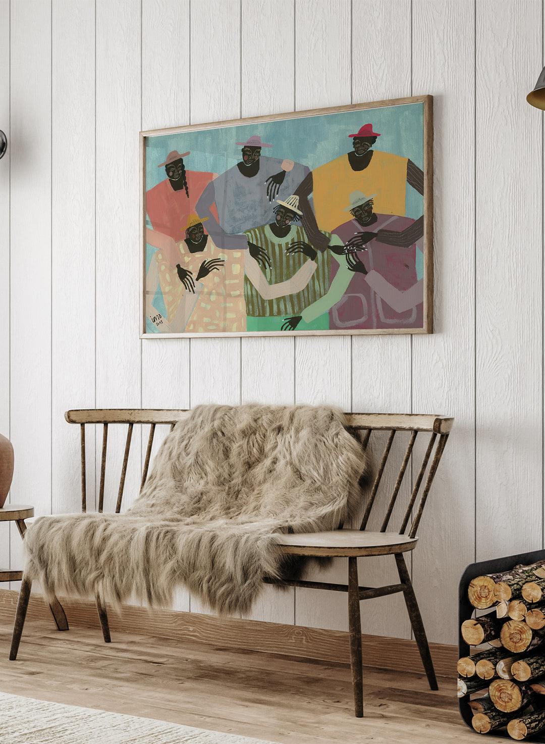 Framed artwork of six stylized figures in colorful clothing against a textured blue background. Group Chat by Studio IMO (Ibi Meier-Oruitemeka) is a modern figurative art print with multiple figures, bold color, and contemporary wall poster design.