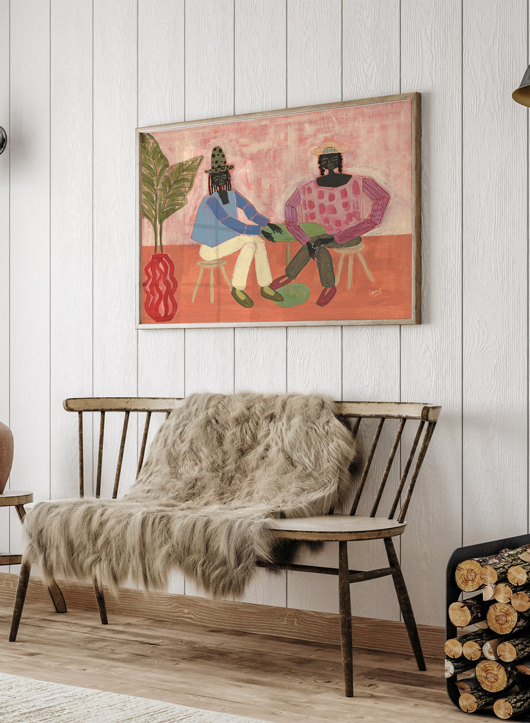 Artistic depiction of two people sitting on chairs with a plant and vase in the foreground, on a pink background. With a Friend by Studio IMO (Ibi Meier-Oruitemeka) is a modern figurative art print with two figures at a table in a contemporary wall poster design.