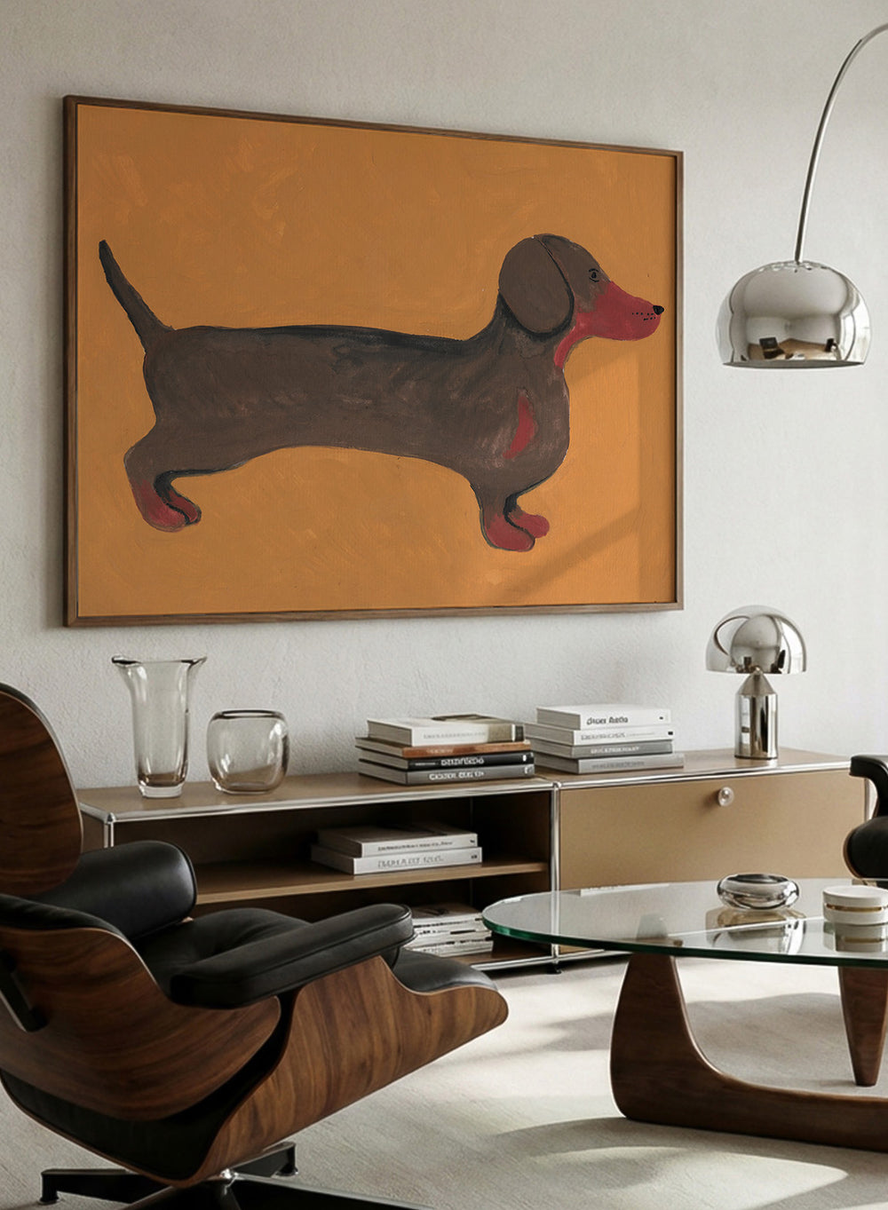 Framed artwork of a dachshund on an orange background. Sweet Dachshund Dog by Lerin Freyou is a modern dachshund art print featuring a minimal dog illustration with orange background, aesthetic animal poster design.