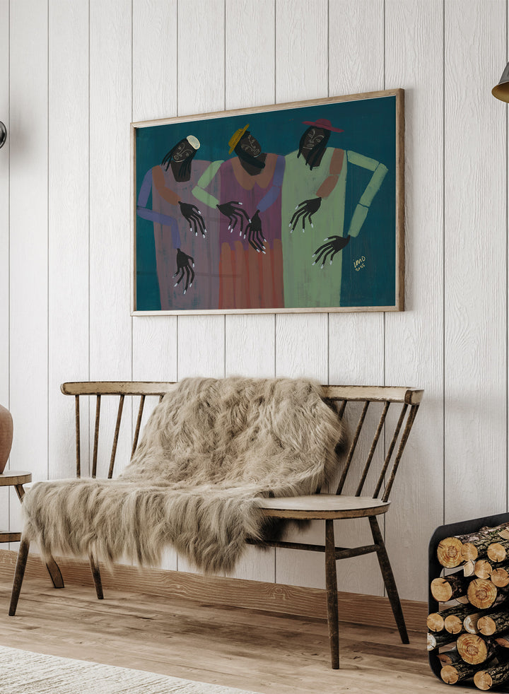 Artistic depiction of three figures with outstretched hands on a blue background. My People by Studio IMO (Ibi Meier-Oruitemeka) is a modern figurative art print with connected figures, expressive hands, and bold contemporary wall poster design.