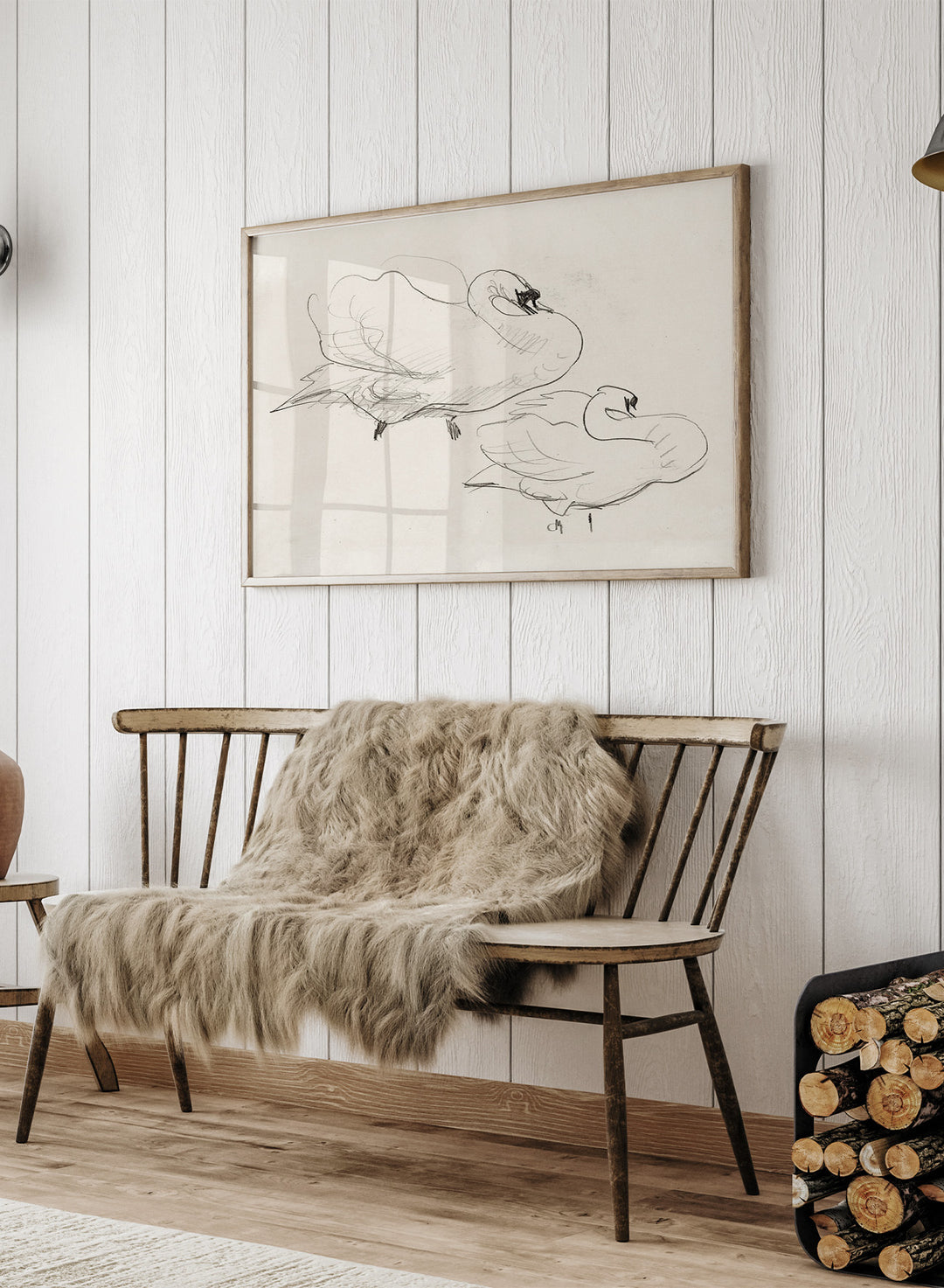 Studies of a Swan is a vintage pencil sketch print of two swans preening, a simple line drawing for a nature-inspired wall art collection.