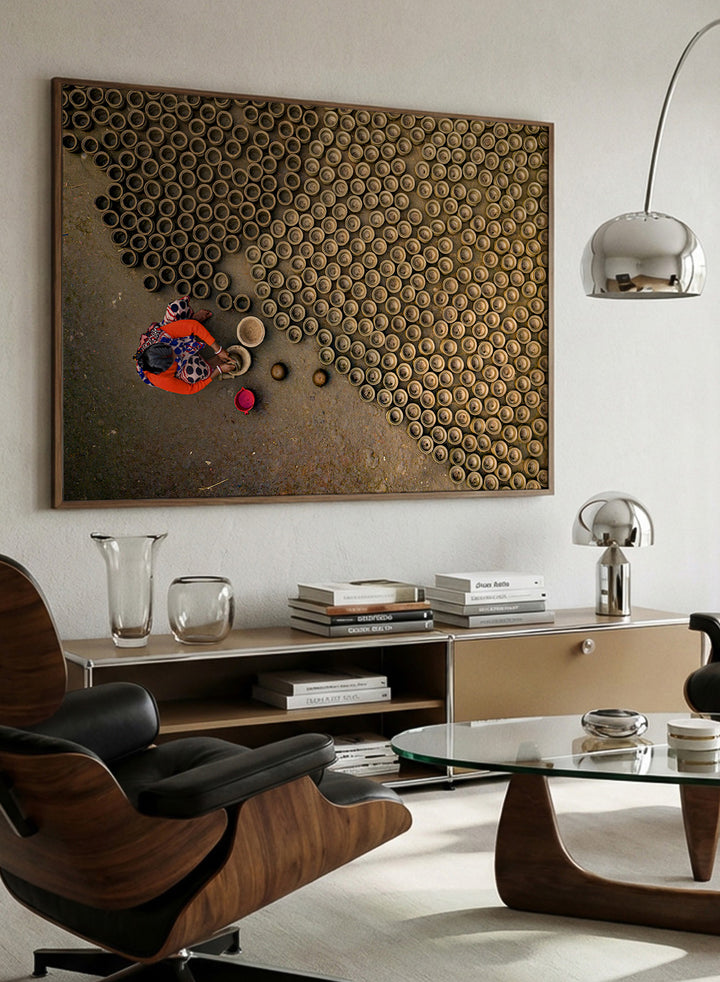 Pot Making by Azim Khan Ronnie aerial photography print showing clay pots drying in Bangladesh village, traditional craft wall art poster