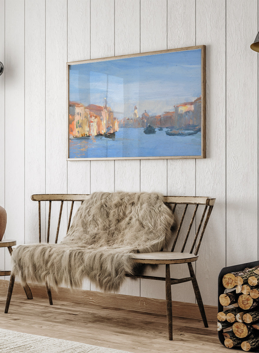 A framed impressionist-style painting of a canal scene with buildings, gondolas, and soft blue water and sky. Venice II by Hercules Brabazon Brabazon is a vintage watercolor art print featuring gondolas, a Venetian canal, soft blue water, and warm city light.
