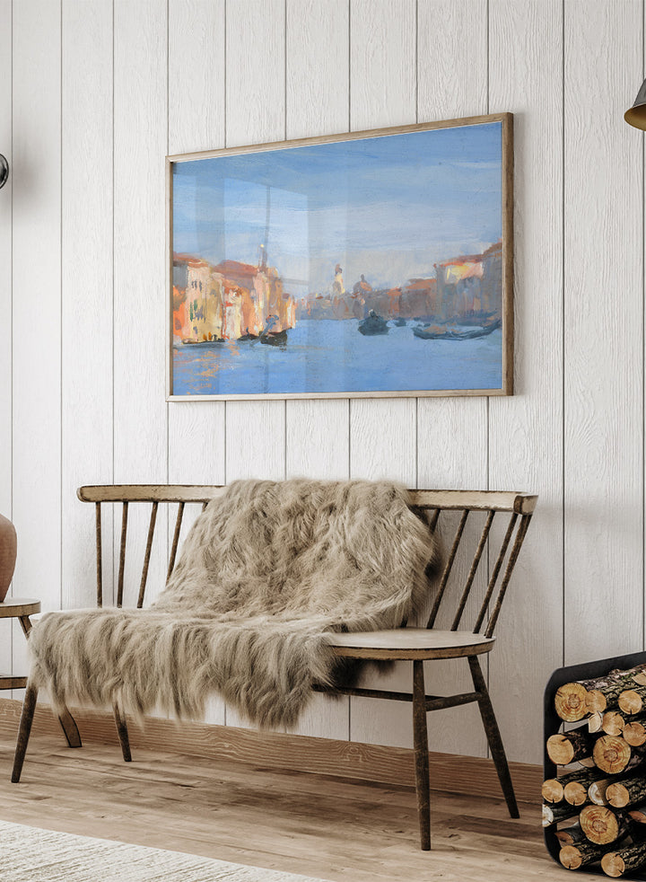 A framed impressionist-style painting of a canal scene with buildings, gondolas, and soft blue water and sky. Venice II by Hercules Brabazon Brabazon is a vintage watercolor art print featuring gondolas, a Venetian canal, soft blue water, and warm city light.