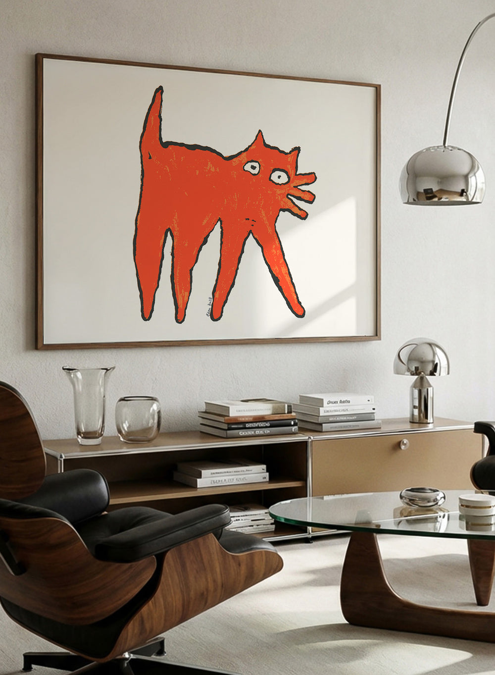 Framed illustration of a orange cat on a white background. Orange Cat by Eden Kalif is a modern cat art print in bold orange, a contemporary minimalist wall poster with playful form and expressive line work.