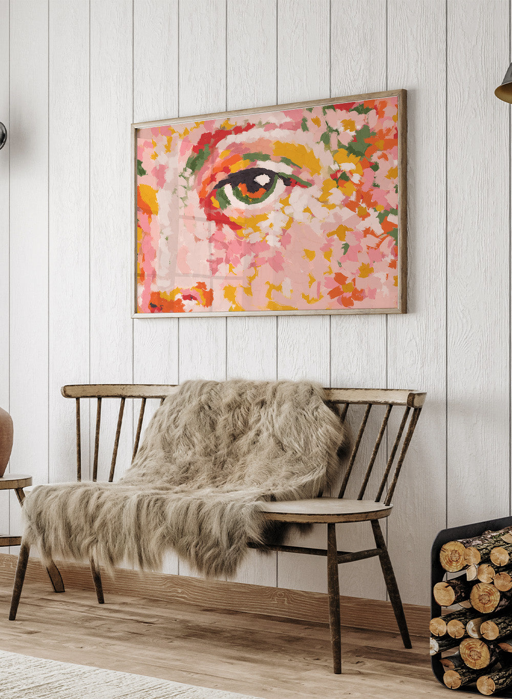 Colorful abstract painting of a face with a prominent eye. Wild Attention by Treechild is a colorful portrait illustration art print featuring expressive eye detail, bold brushstrokes, and contemporary wall art style.
