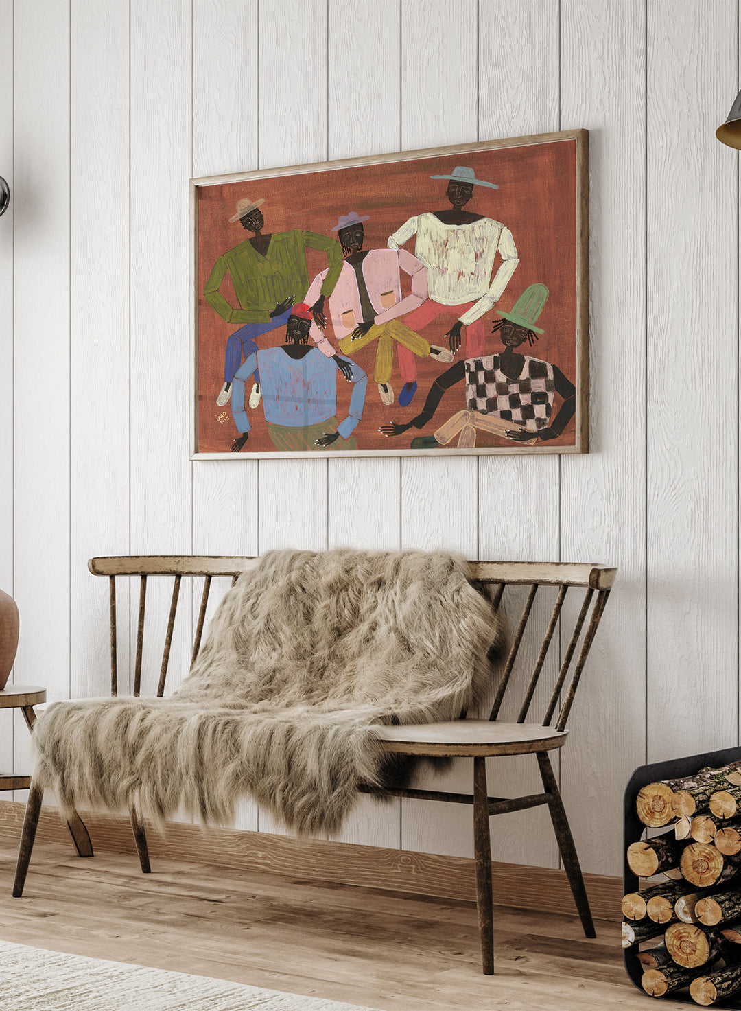 Framed artwork of six stylized figures in colorful clothing on a red background. Long Time No See by Studio IMO (Ibi Meier-Oruitemeka) is a modern figurative art print with multiple figures and bold contemporary wall poster design.