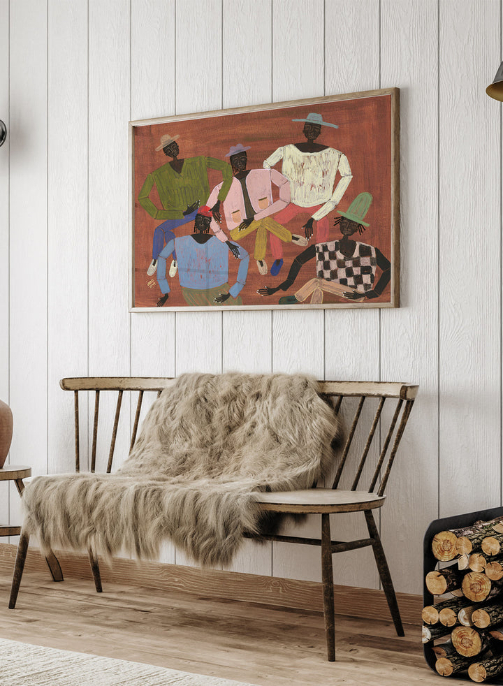 Framed artwork of six stylized figures in colorful clothing on a red background. Long Time No See by Studio IMO (Ibi Meier-Oruitemeka) is a modern figurative art print with multiple figures and bold contemporary wall poster design.