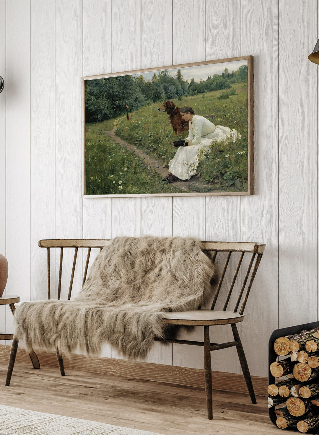 Idyll by Gerhard Munthe is a vintage Norwegian landscape print featuring a woman in a white dress resting with her dog in a green summer meadow.