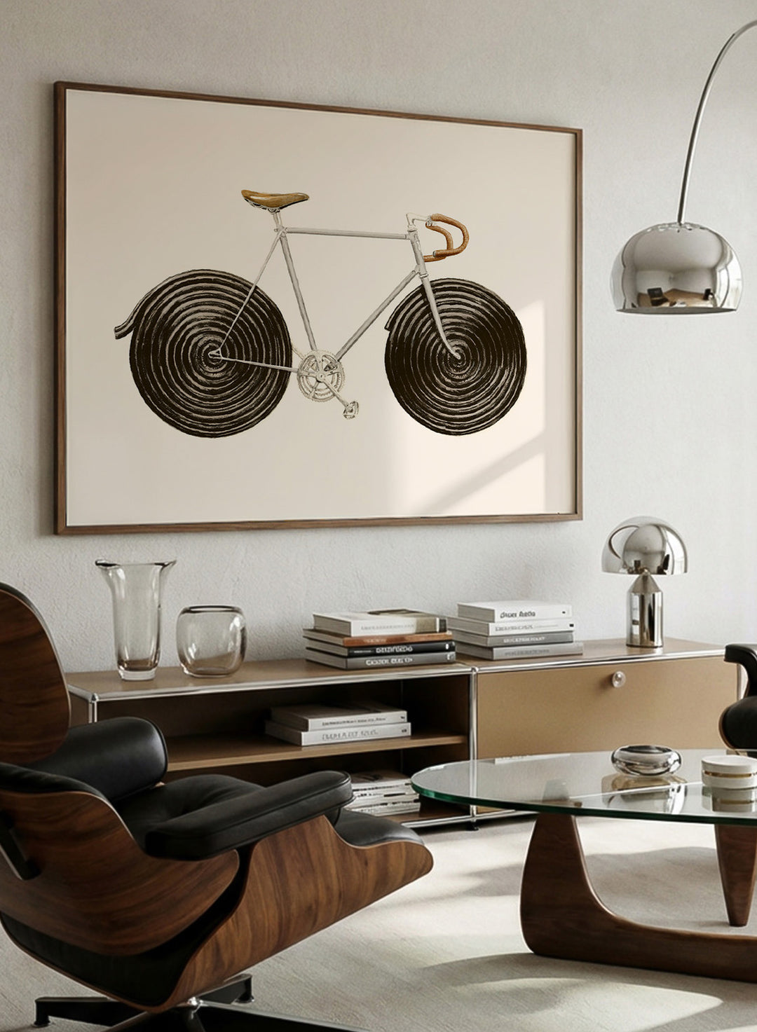 Framed artwork of a bicycle with spiral wheels on a beige background. Sweet Licorice Bicycle by Florent Bodart is a surreal bicycle art print with playful design and vintage style, a modern wall poster with creative and unique concept.