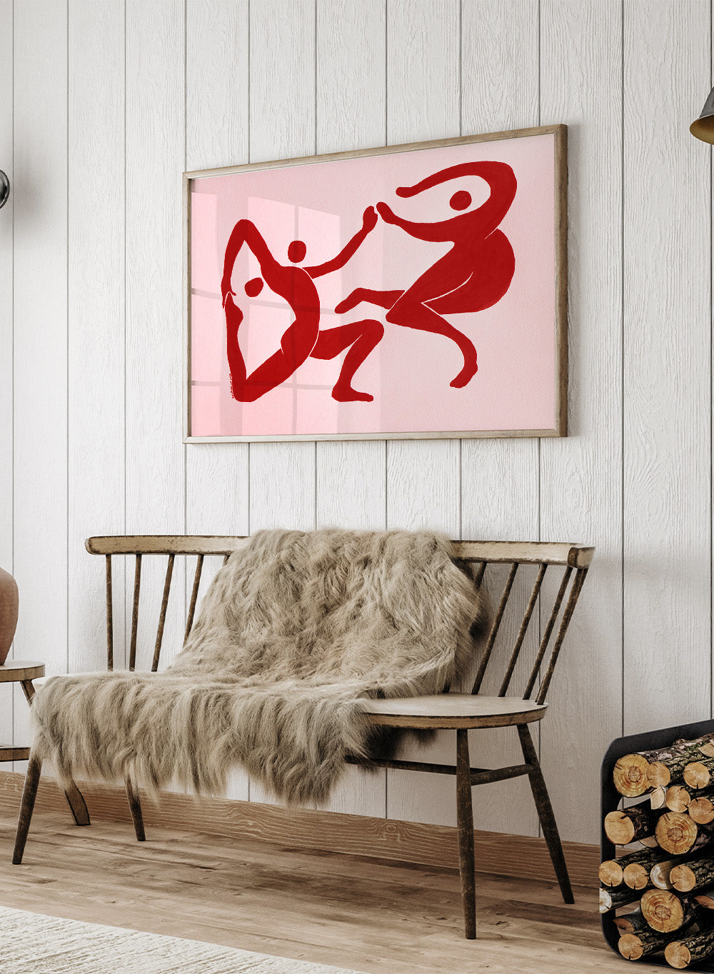 Red abstract figures on a pink background. Fluid Dance Forms by Santhosh CH is an abstract illustration art print featuring expressive human figures, bold red color, modern movement design, and contemporary wall art style.
