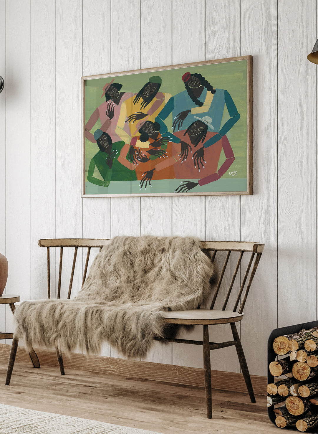 Framed artwork of six people sitting together with colorful clothing on a green background. Gossip by Studio IMO (Ibi Meier-Oruitemeka) is a modern figurative art print with multiple figures, bold color, and contemporary wall poster design.