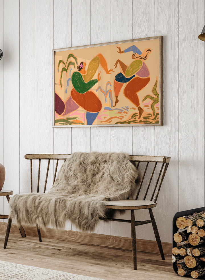 Colorful abstract artwork of two figures in a natural setting. Sisters of the Rhythm by Arty Guava is a modern wall art print of two women dancing. Bold color, expressive figures, officially licensed poster.