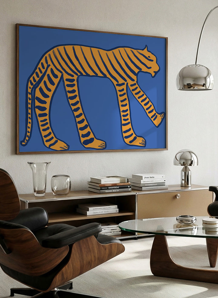 Stylized Blue Tiger by The Art Concept animal art print featuring an orange tiger with deep blue stripes and an elongated, graphic silhouette.