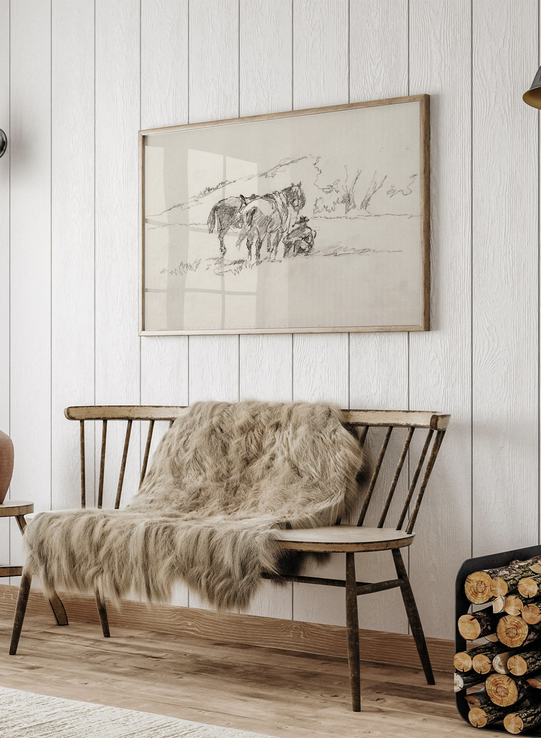 A framed black and white sketch print depicting a cowboy and horse, set against a light beige background. Sketch Made on Indian Reservation, Montana by Walter Shirlaw is a vintage horse sketch featuring a seated figure, grazing horses, and the Montana landscape.