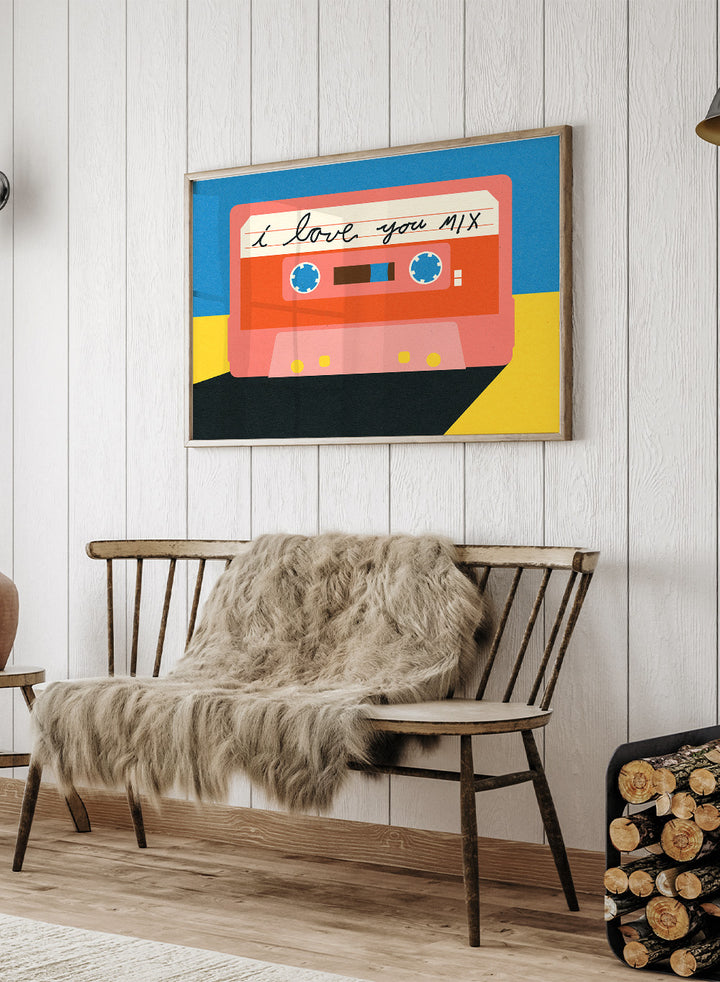 Illustration of a cassette tape with 'I love you mix' text on a blue and yellow background. I Love You Mix Tape by Rosi Feist is a bold pop art print of a retro cassette with a handwritten love note. Officially licensed wall poster with framing.