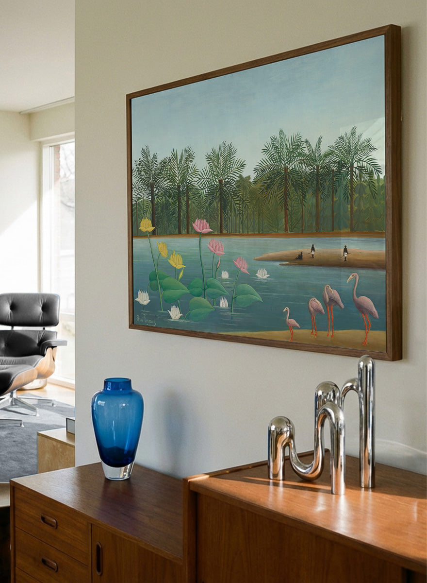 Shop The Flamingoes by Henri Rousseau, a vintage tropical nature landscape and animal art print featuring pink flamingoes, lotus flowers, palms, and blue water.