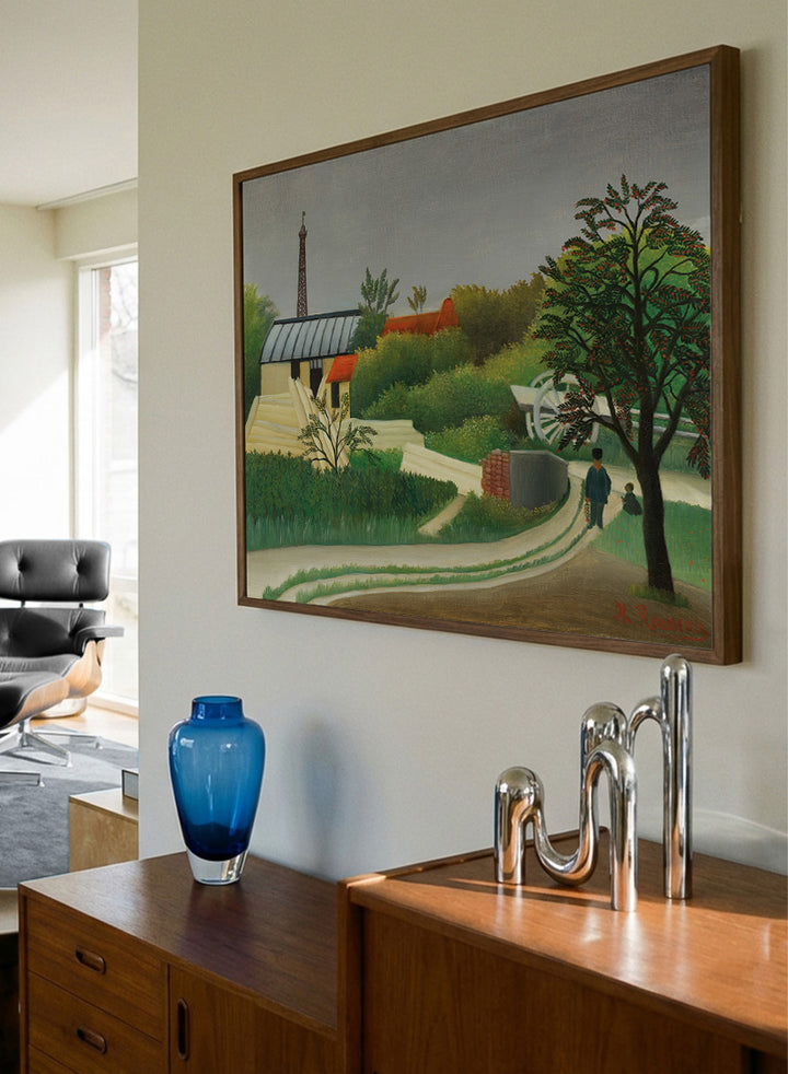 Shop Scierie aux environs de Paris by Henri Rousseau, a vintage French landscape art print with green fields, red roofs, a sawmill, and Paris charm.