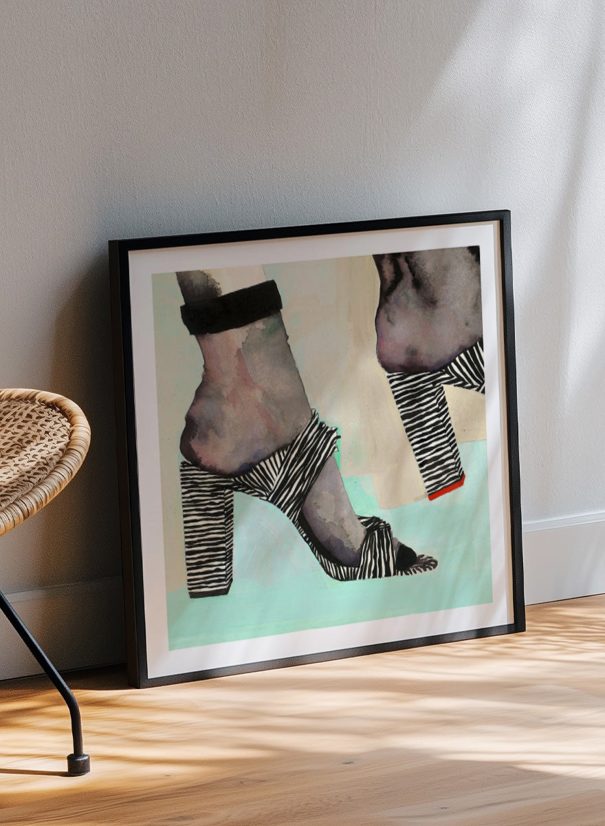 Shop Chic Zebra Heels by Sophia Novosel, a modern fashion wall art print poster featuring zebra-striped heels, bold black-and-white pattern, and a stylish cropped view.
